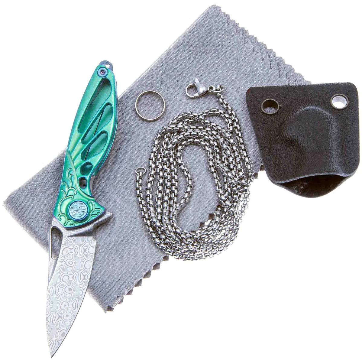 RikeKnife Mini Knife Is Made of Damascus Steel & Green Titanium Handle