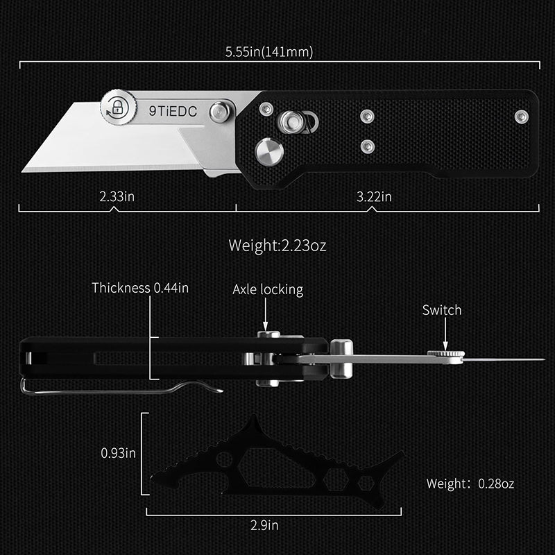 Black G10 Handle Utility Knife with 10 Blades, Suitable for EDC and Outdoor Use