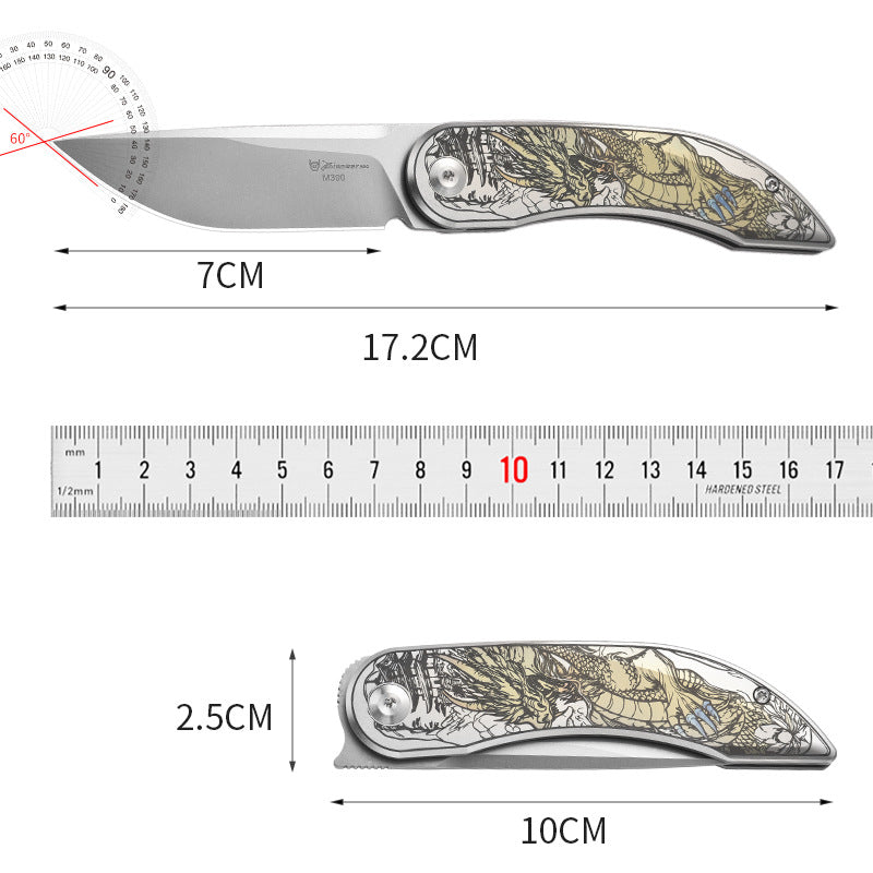 Titanium Alloy Folding Knife With Dragon Pattern - M390 Steel Blade, Portable EDC Tool Ideal For Gift, Collection & Outdoor