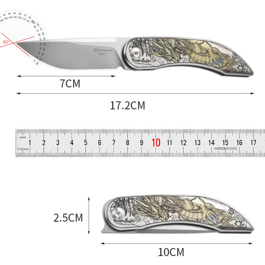 Titanium Alloy Folding Knife With Dragon Pattern - M390 Steel Blade, Portable EDC Tool Ideal For Gift, Collection & Outdoor