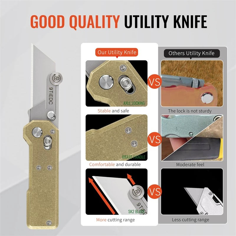 Utility Knife with Brass Handle, Outdoor EDC Folding Wallpaper Knife with 10 Blades