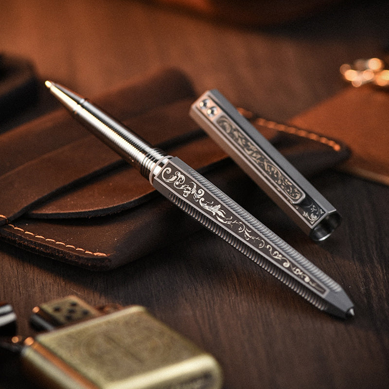 Tangcao Pattern Engraving Titanium Alloy Tactical Pen Multifunctional Portable EDC（Stone washing）