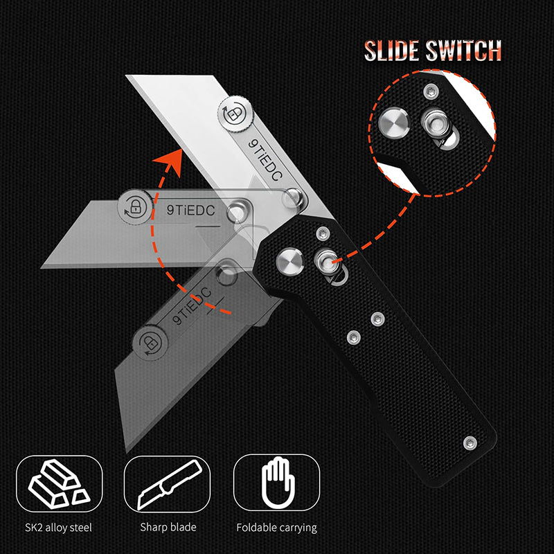 Black G10 Handle Utility Knife with 10 Blades, Suitable for EDC and Outdoor Use