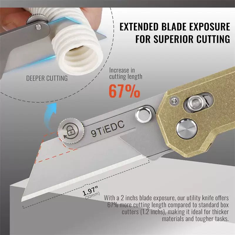 Utility Knife with Brass Handle, Outdoor EDC Folding Wallpaper Knife with 10 Blades