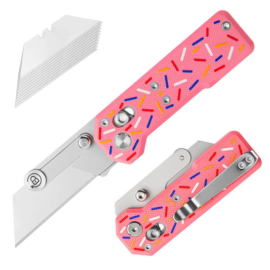 Donut Utility Knife with Handle: Pink G10 Handle, with 10 Blades, Suitable for EDC and Outdoor Use