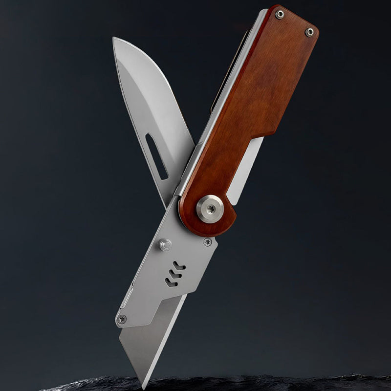 Outdoor Multifunctional Folding Utility Knife, Solid Wood Handle Stainless Steel Blade Portable EDC Cutting Tool
