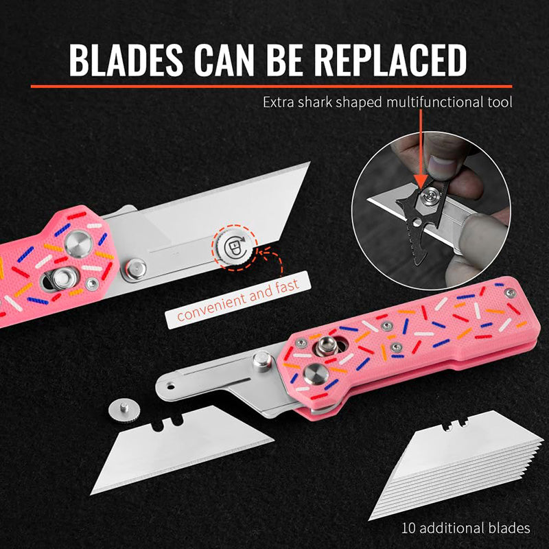 Donut Utility Knife with Handle: Pink G10 Handle, with 10 Blades, Suitable for EDC and Outdoor Use