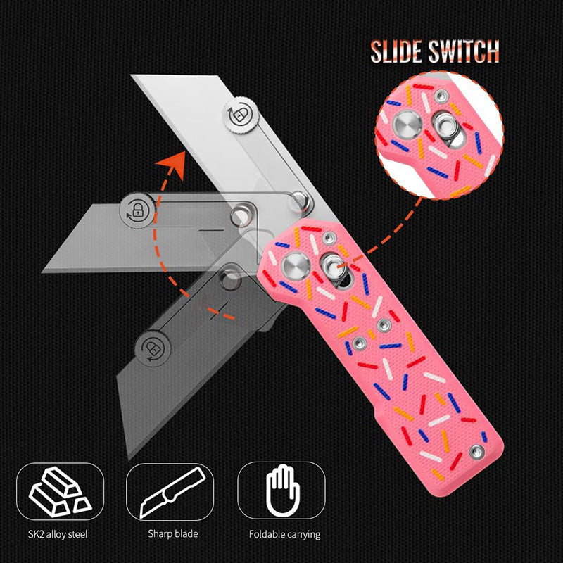 Donut Utility Knife with Handle: Pink G10 Handle, with 10 Blades, Suitable for EDC and Outdoor Use