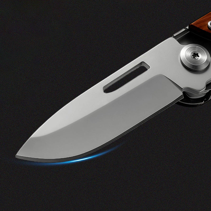 Outdoor Multifunctional Folding Utility Knife, Solid Wood Handle Stainless Steel Blade Portable EDC Cutting Tool