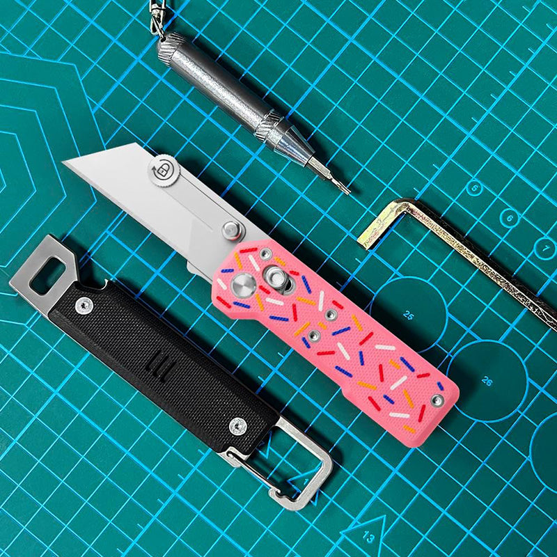 Donut Utility Knife with Handle: Pink G10 Handle, with 10 Blades, Suitable for EDC and Outdoor Use