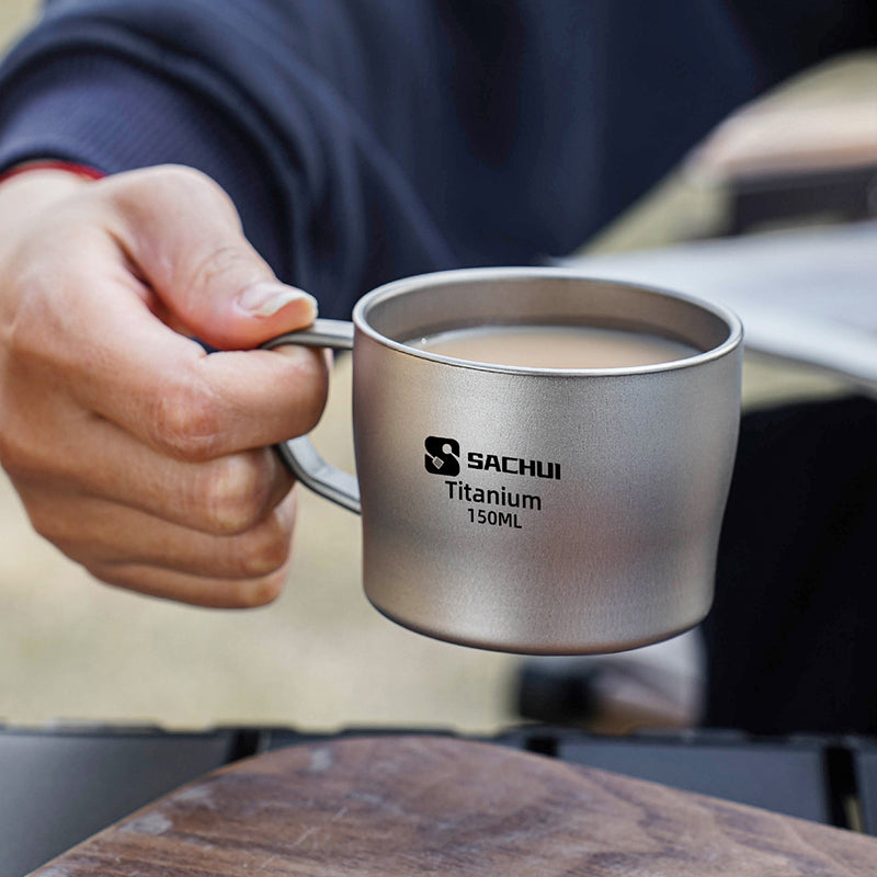 Pure Titanium Coffee Cup 150Ml Double-Layer Heat Insulation Teacup With Handle Outdoor Camping Portable Water Cup
