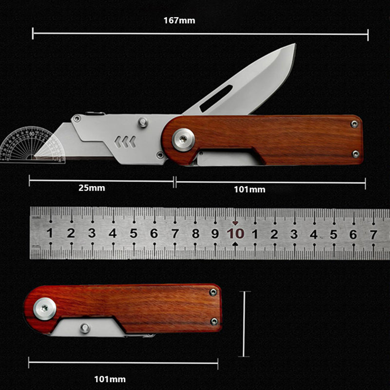 Outdoor Multifunctional Folding Utility Knife, Solid Wood Handle Stainless Steel Blade Portable EDC Cutting Tool