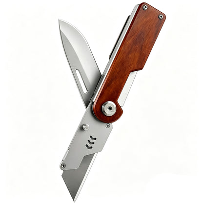 Outdoor Multifunctional Folding Utility Knife, Solid Wood Handle Stainless Steel Blade Portable EDC Cutting Tool