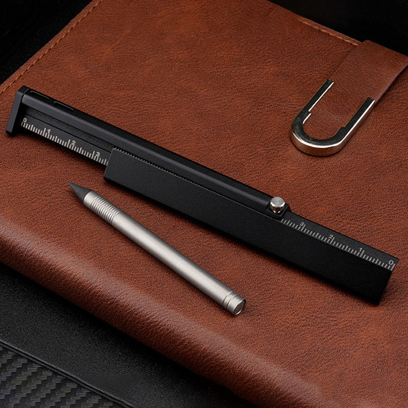 Titanium Alloy Multifunctional Tool Ruler, Built-In Pencil, Black