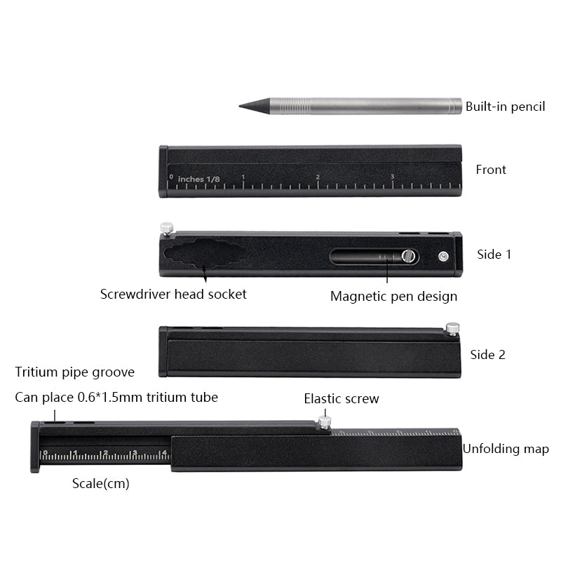 Titanium Alloy Multifunctional Tool Ruler, Built-In Pencil, Black