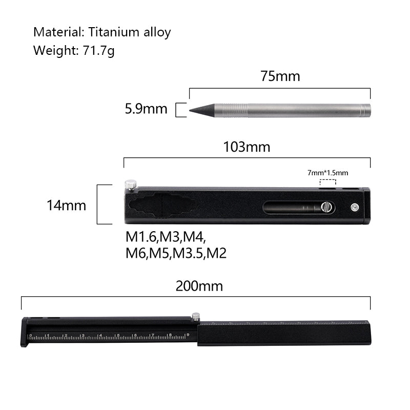Titanium Alloy Multifunctional Tool Ruler, Built-In Pencil, Black