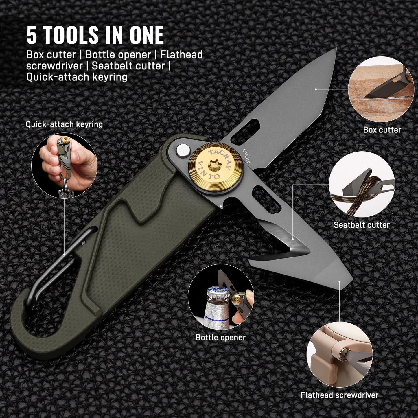 TACRAY Vinto Army Green Multifunctional Folding Knife EDC Hanging Buckle With Bottle Opener For Outdoor Camping