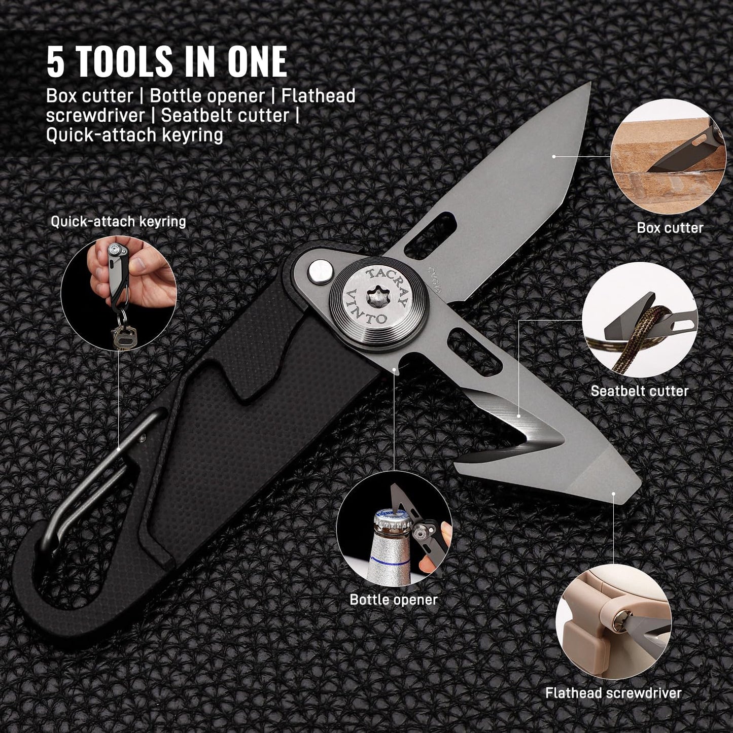 TACRAY Vinto Black Multifunctional Folding Knife EDC Hanging Buckle With Bottle Opener For Outdoor Camping