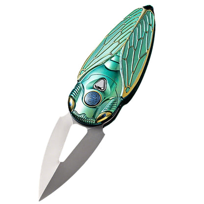Rike Knife Titanium Alloy Folding Knife M390 Steel Blade Cicada Design EDC Pocket Knife With Necklace Hole（Green）