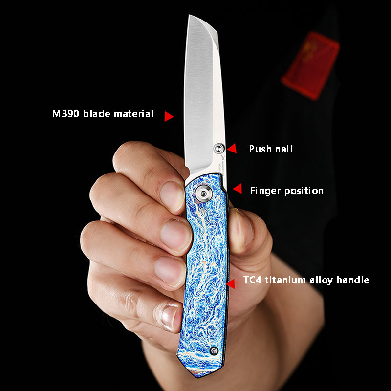Titanium Alloy EDC Folding Knife M390 Blade Material Outdoor Portable Multi-Function Tool (Blue)