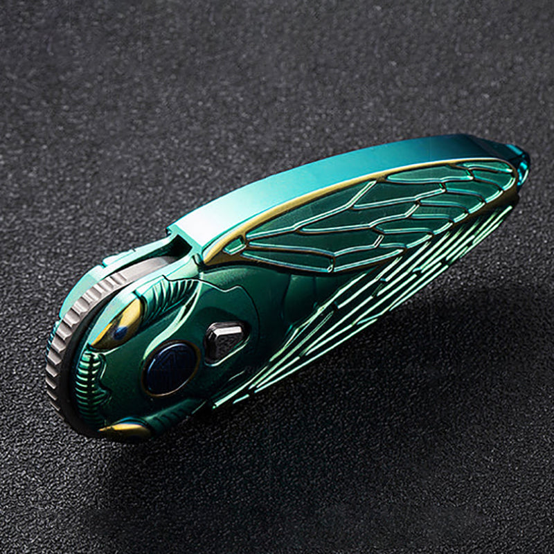 Rike Knife Titanium Alloy Folding Knife M390 Steel Blade Cicada Design EDC Pocket Knife With Necklace Hole（Green）