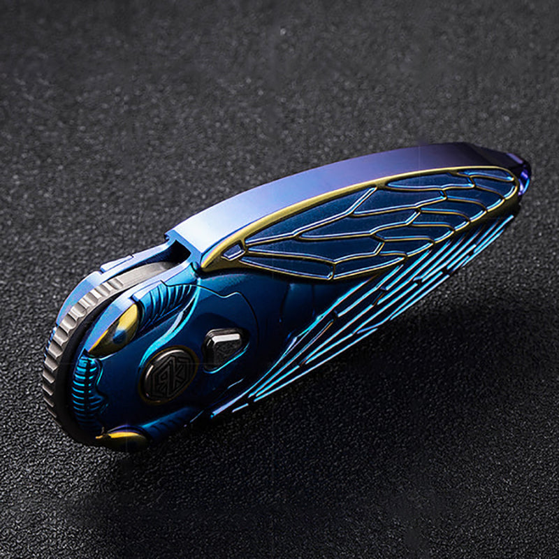 Blue Rike Knife Titanium Alloy Folding Knife M390 Steel Blade Cicada Design EDC Pocket Knife With Necklace Hole