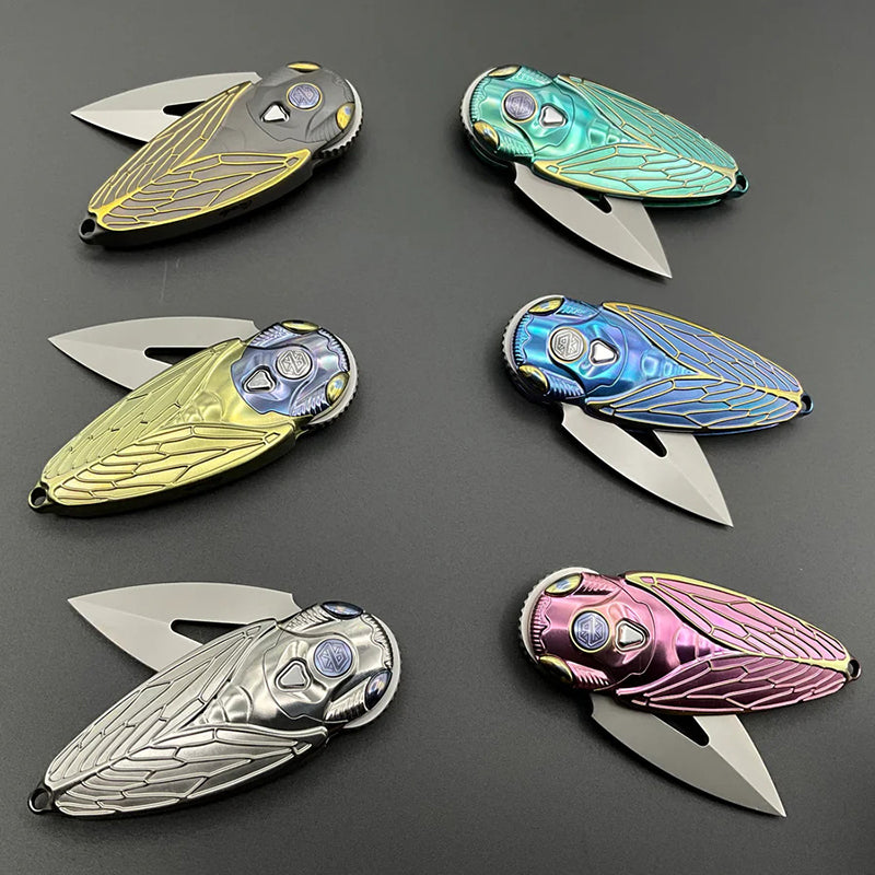 Rike Knife Titanium Alloy Primary Color Folding Knife M390 Steel Knife Cicada Design Edc Pocket Knife With Necklace Hole