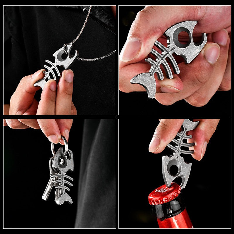 Multifunctional Titanium Alloy Fishbone Crowbar Outdoor EDC Tool Portable Bottle Opener Keychain Pendant