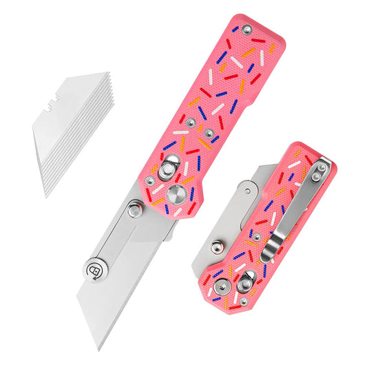9Ti EDC Donut Utility Knife with Handle: Pink G10 Handle, with 10 Blades, Suitable for EDC and Outdoor Use