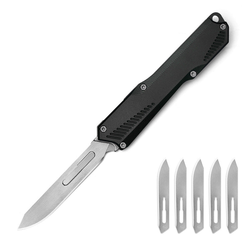 Black Handle Aluminum Utility Knife With 5 Replaceable Stainless Steel Blades